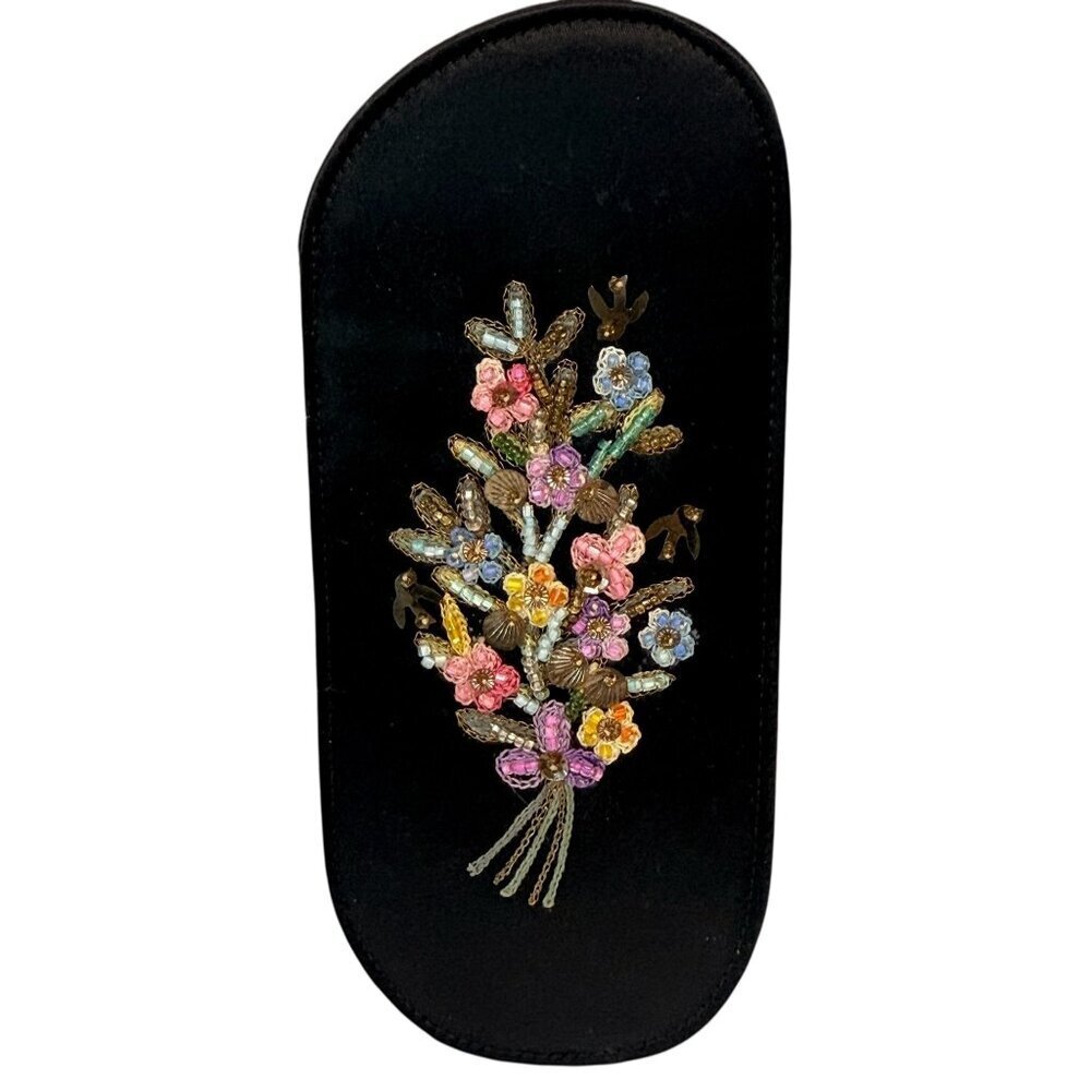 Black Satin Beaded Eyeglass Case Floral Sequin Embroidered Slip in Style